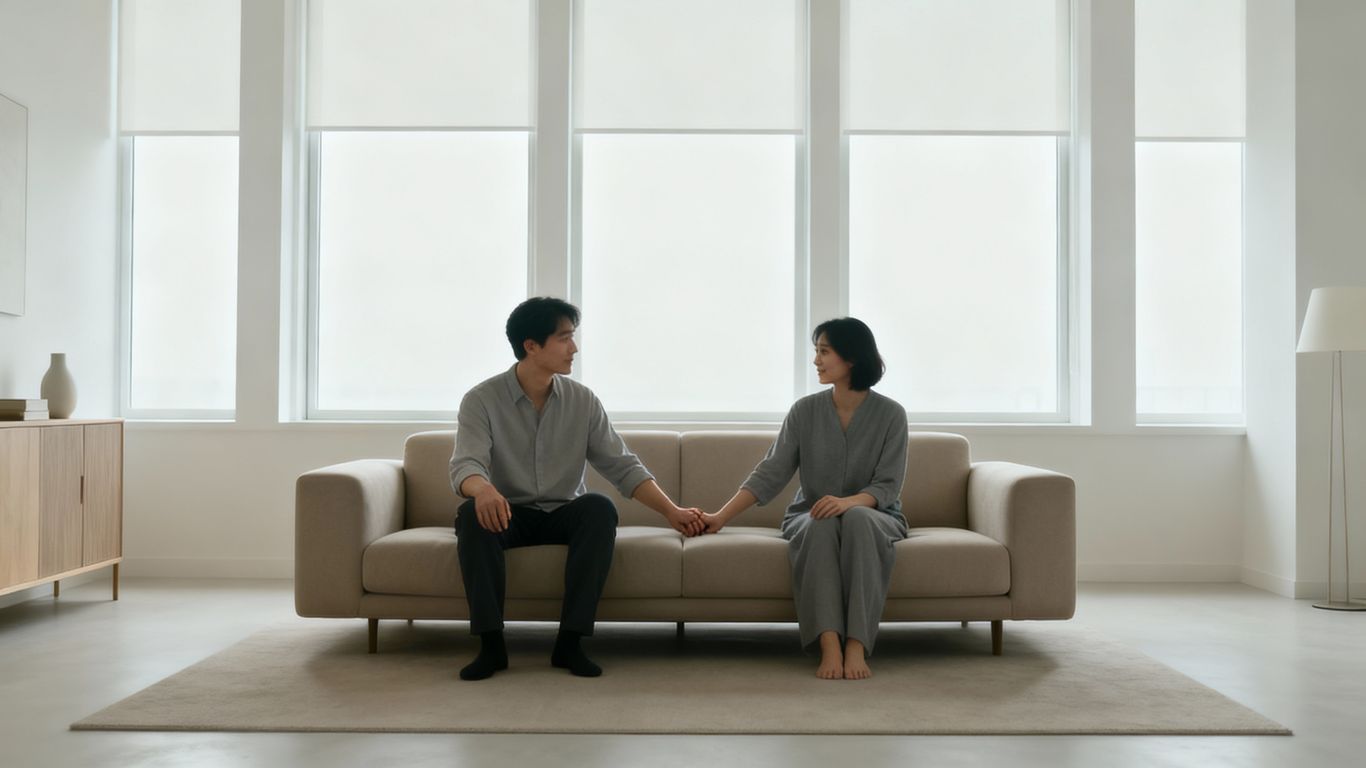 Minimalist couple in a clean, modern living room.