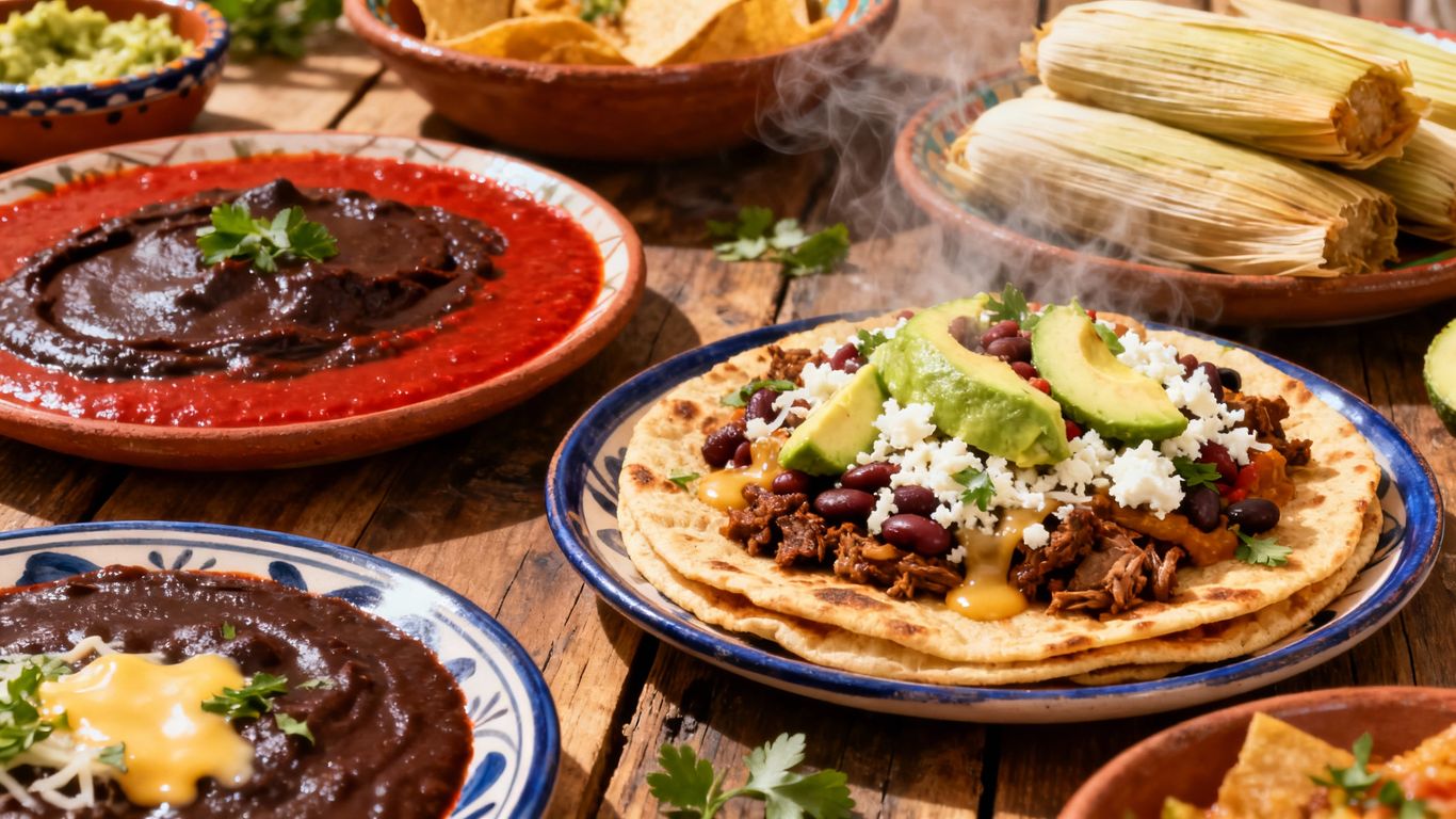 Colorful Oaxacan food spread with mole, tlayudas, and tamales.