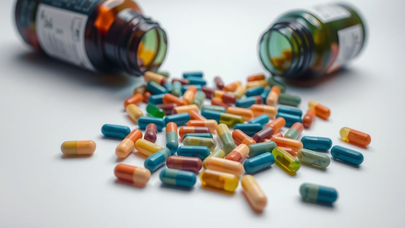 Various supplement capsules spilled on white surface.