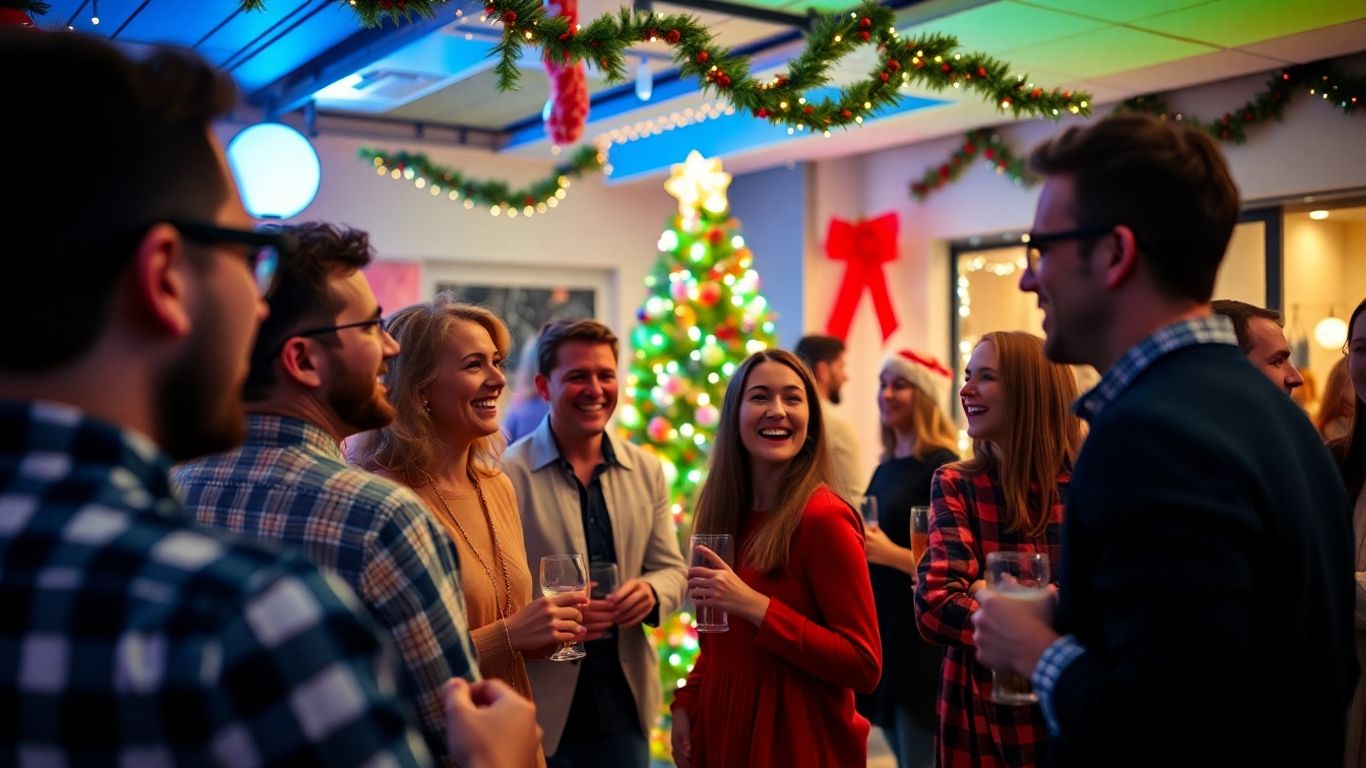 Festive office holiday party scene with people mingling.