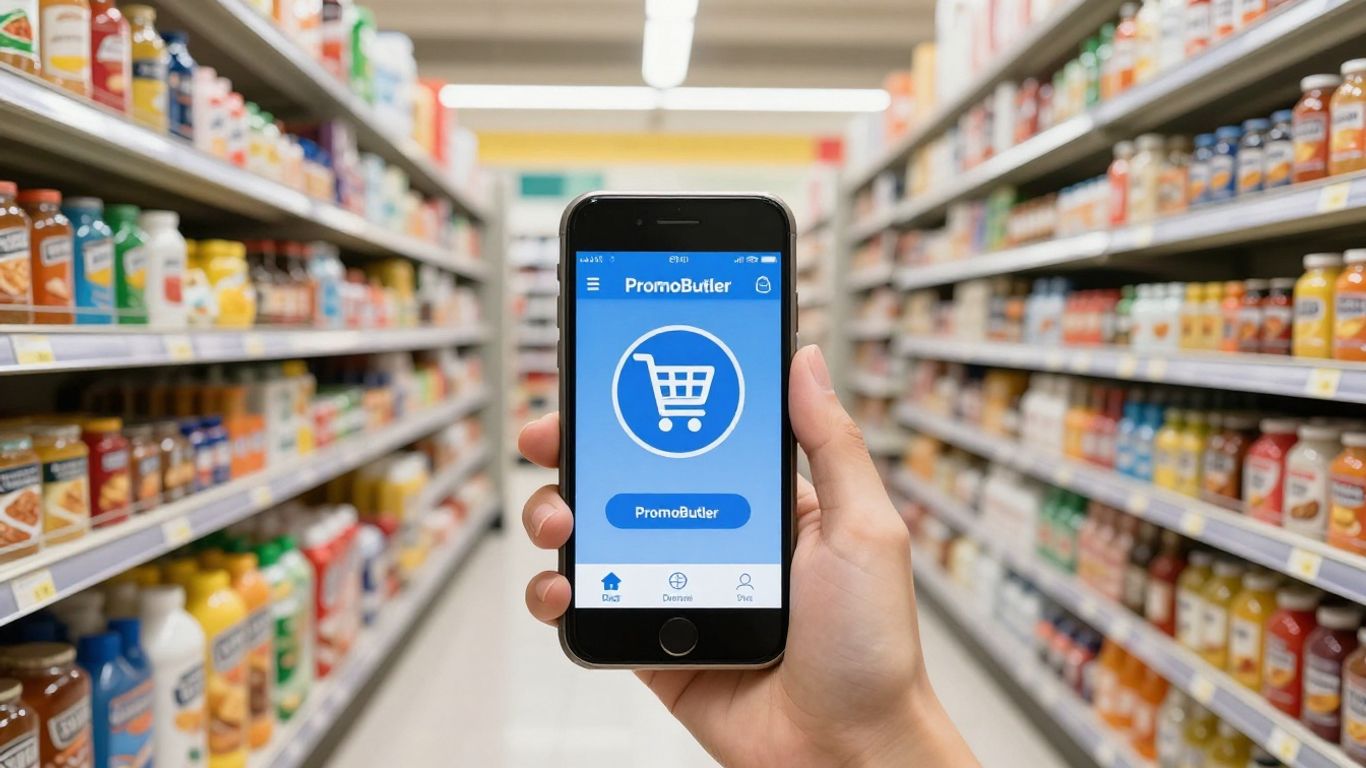 Rayon du magasin Delhaize avec l'application PromoButler sur téléphone.