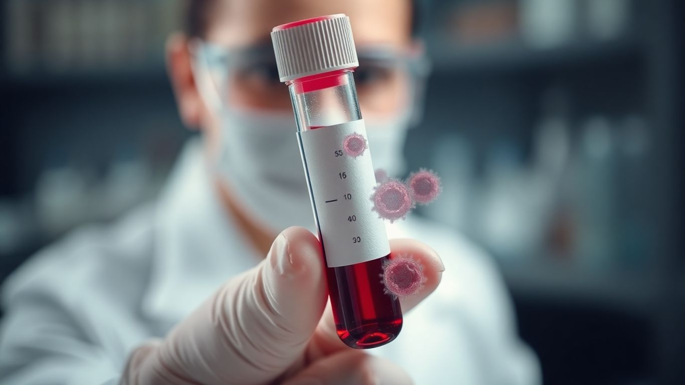 Scientist holding blood sample in laboratory setting