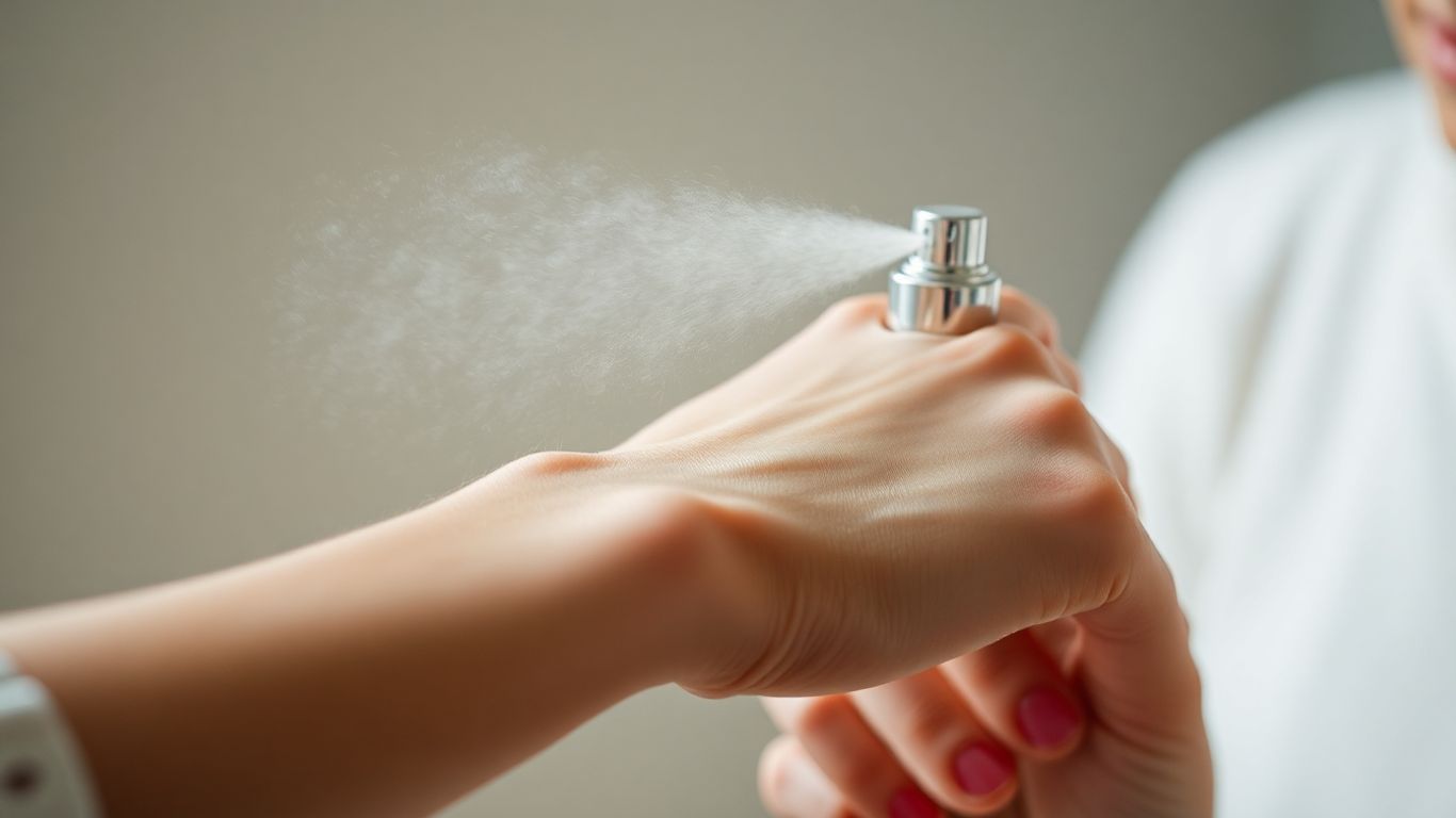 Person spraying perfume onto wrist for lasting scent.