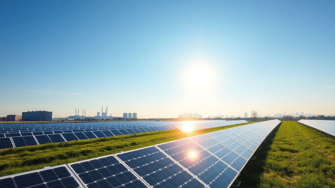 Solar panels with European factories in the background