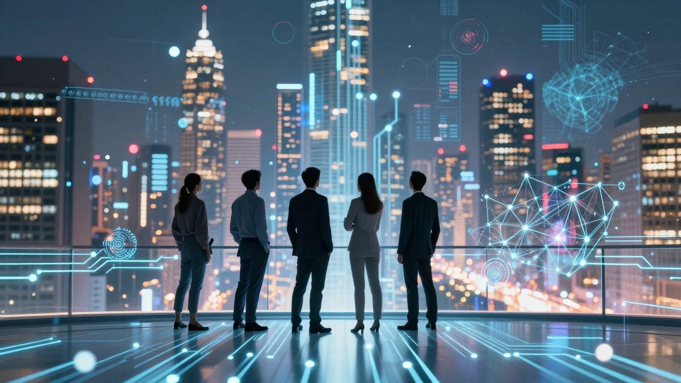 AI professionals overlooking a futuristic city skyline.