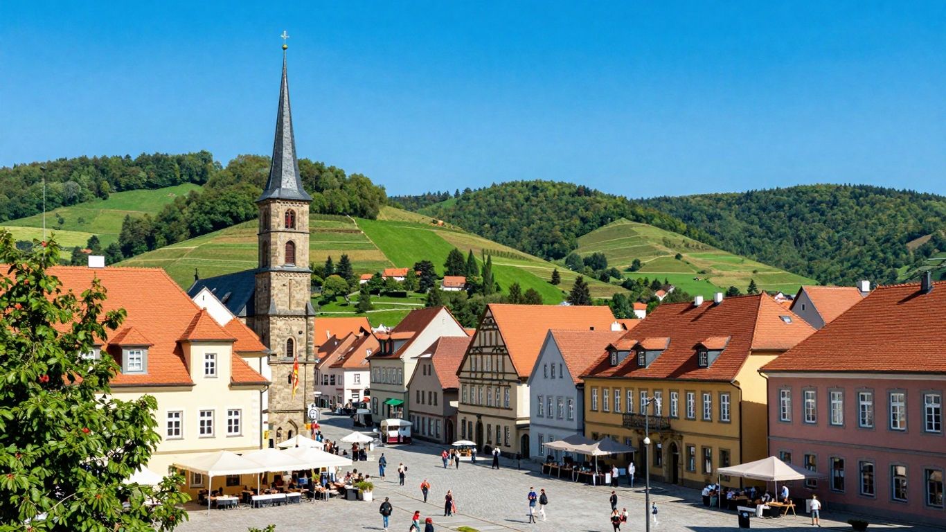 Historische Gebäude und grüne Hügel in Mansfeld-Südharz