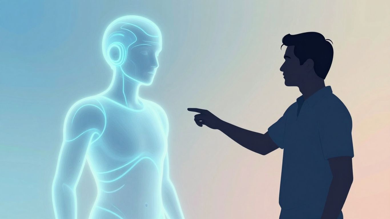 Human guiding abstract AI form, illustrative game style.