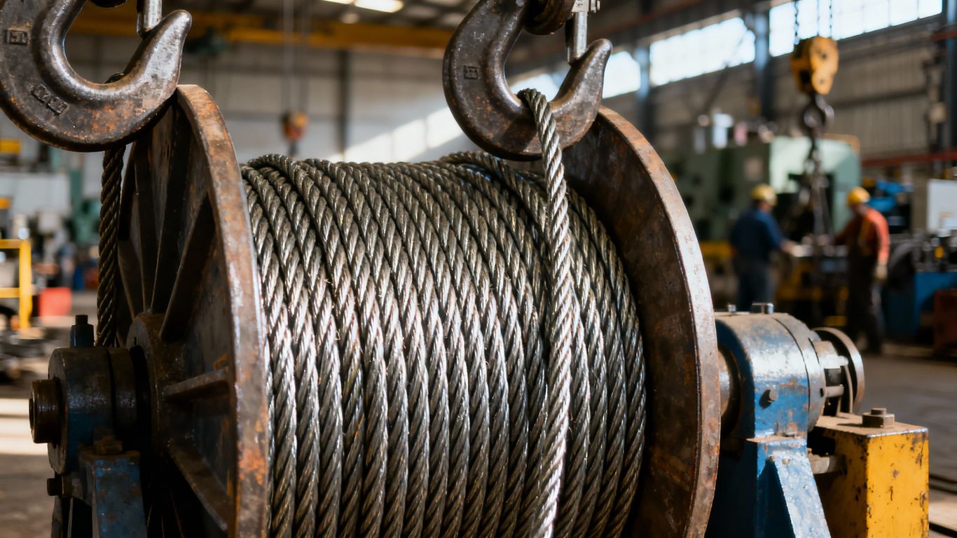 Steel wire ropes coiled in an industrial warehouse setting