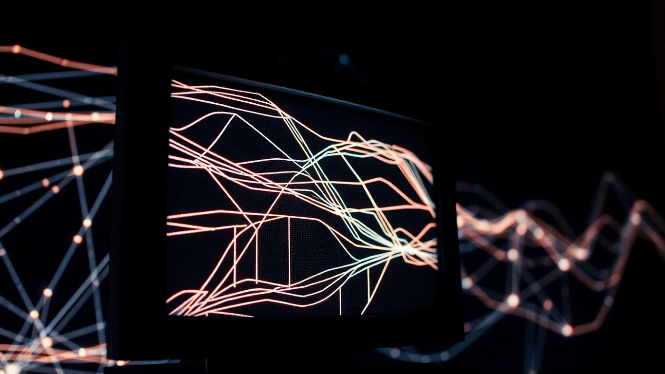 Vintage computer screen with glowing network lines.