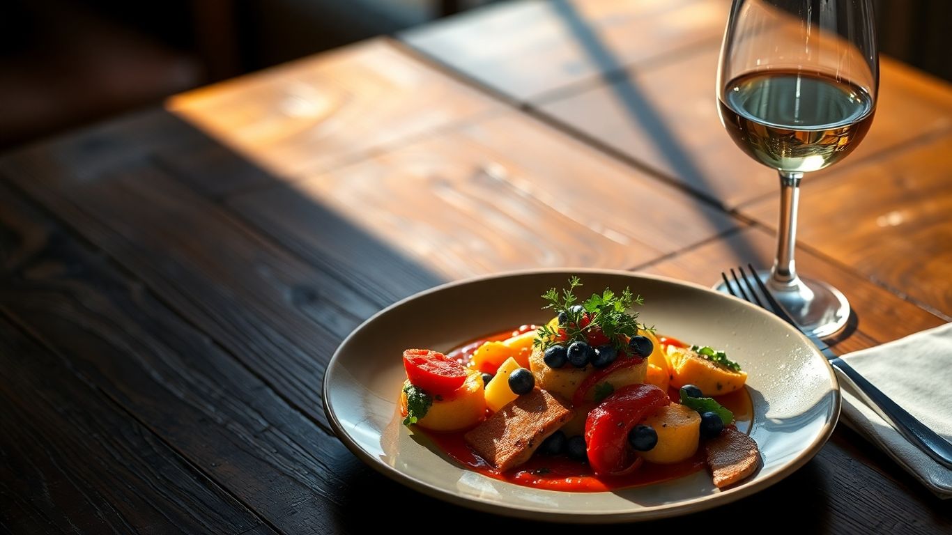 Gourmet solo dinner plate with wine glass on table.