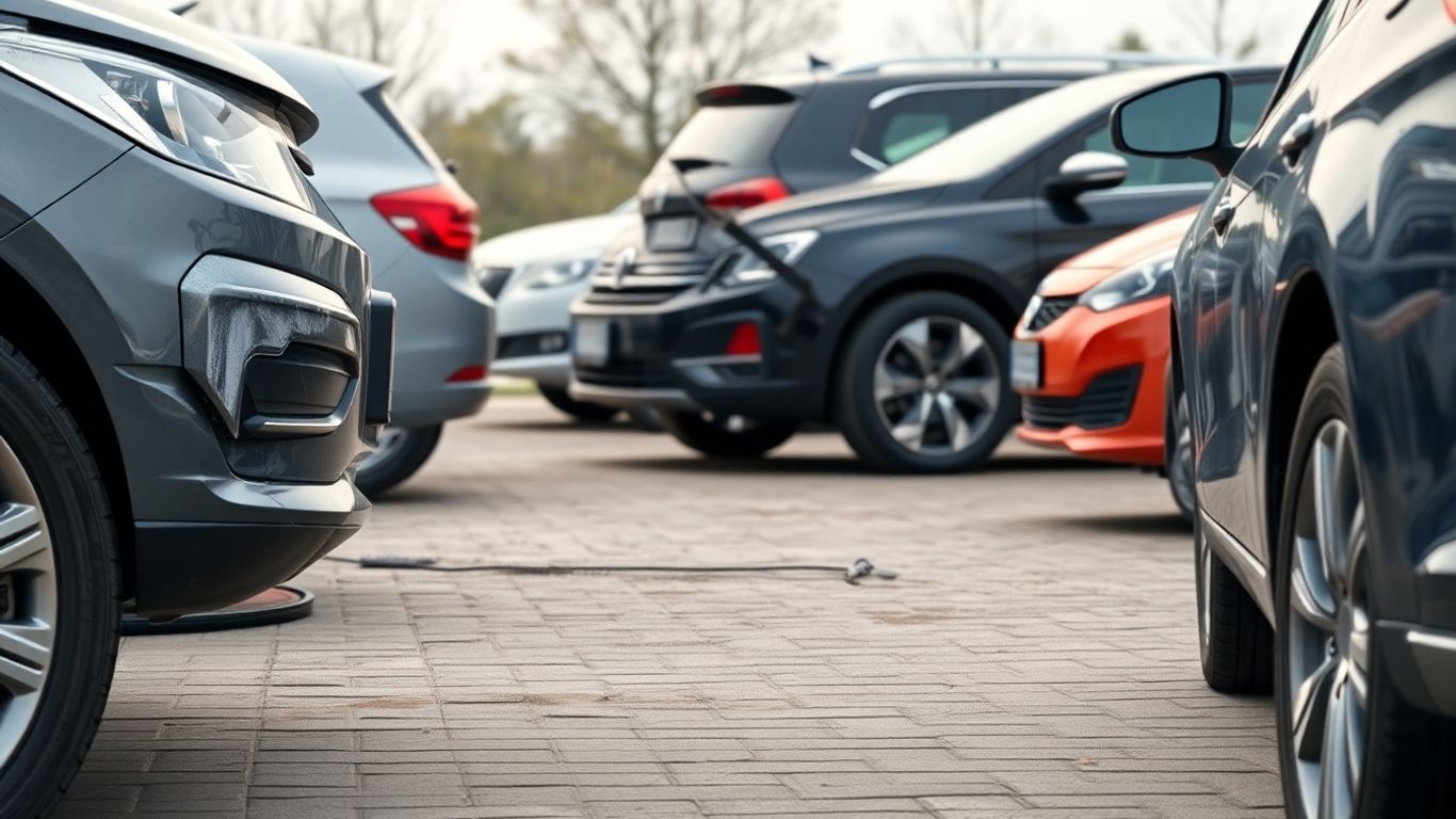 Autos mit sichtbaren Schäden bei einer Fahrzeugprüfung in Deutschland.