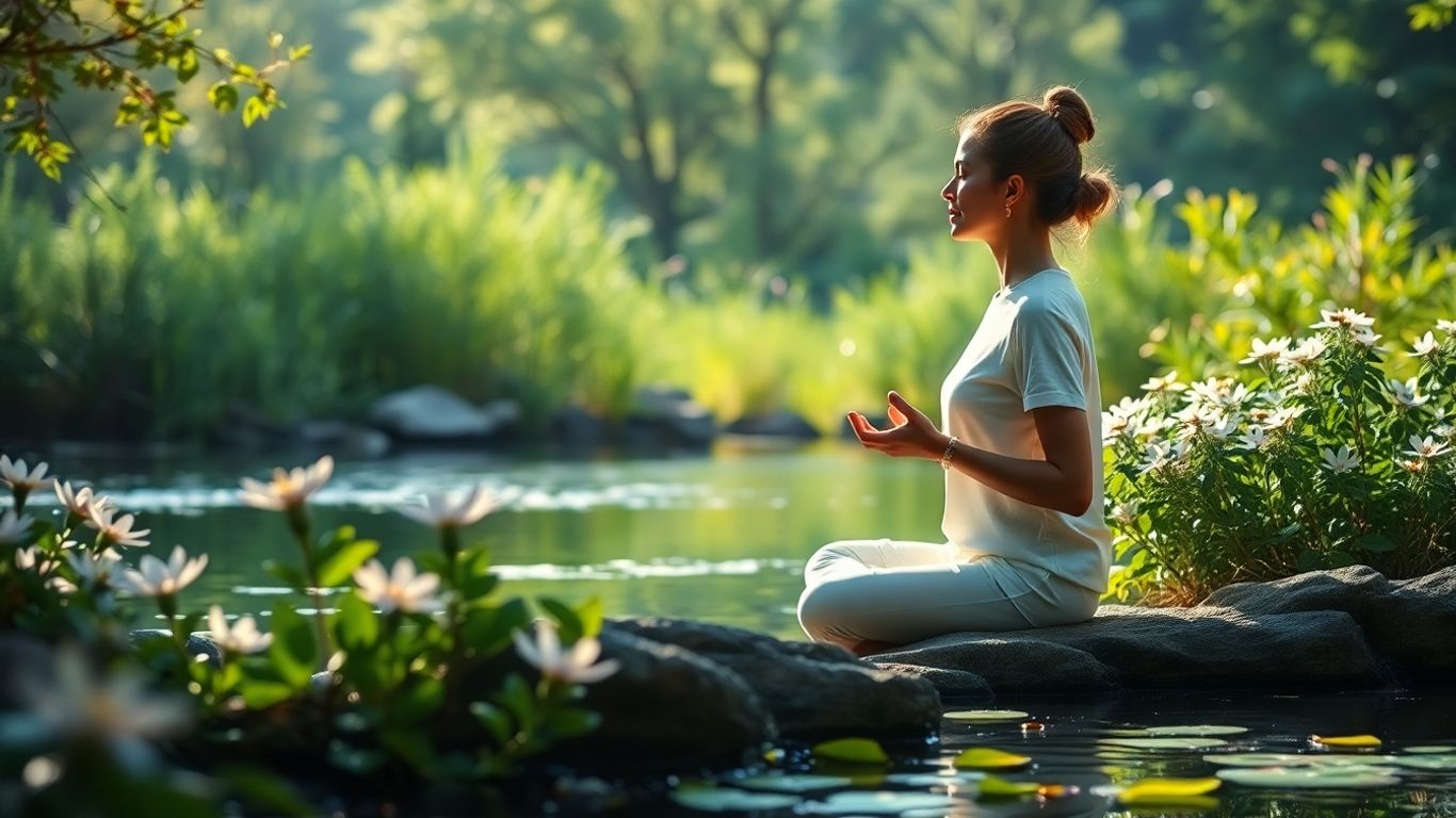 Person meditating peacefully in a serene natural setting.