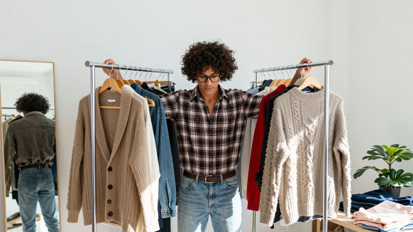 Person choosing empowering clothing from a wardrobe.