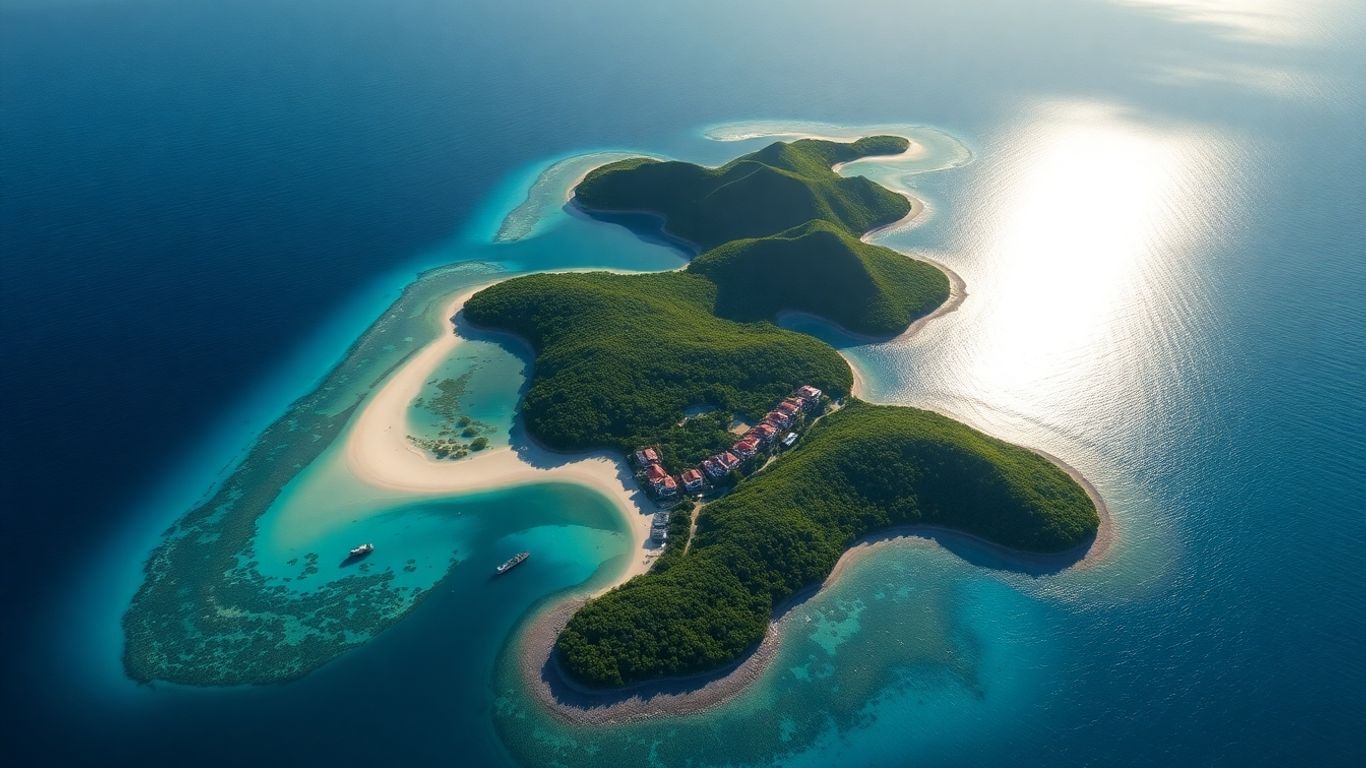 Labuan Bajo coastline with islands and waterfront properties.