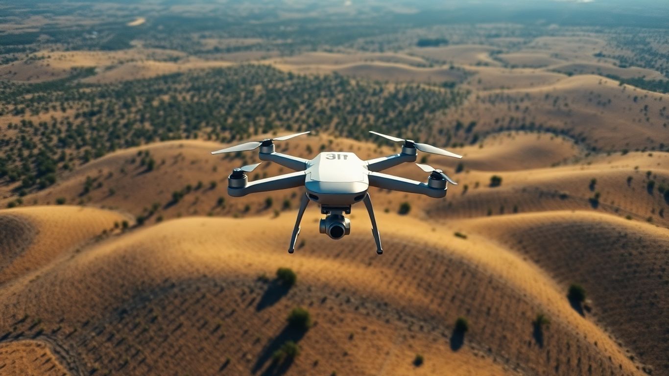 Drone surveying undeveloped land with topographic detail.