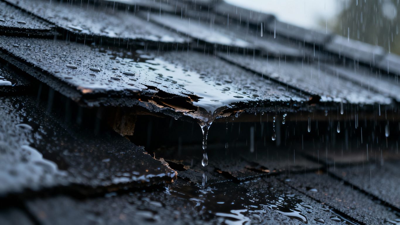 Water dripping from a damaged roof shingle during rain.