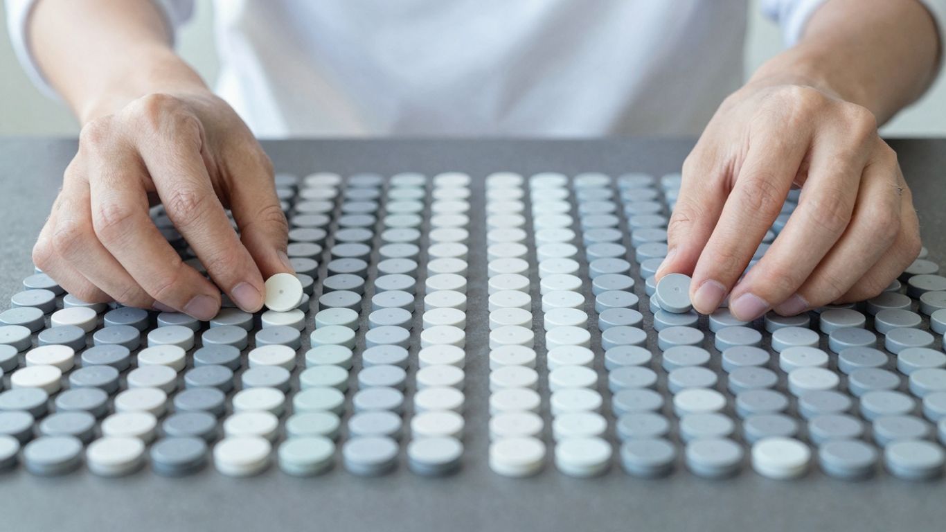 Hands arranging identical objects symmetrically.