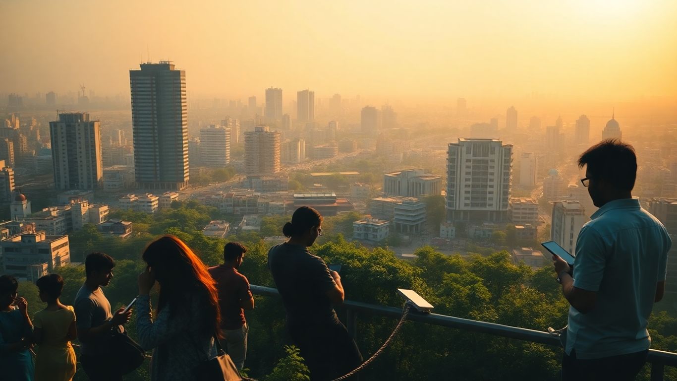 Modern Indian cityscape with people using digital devices.