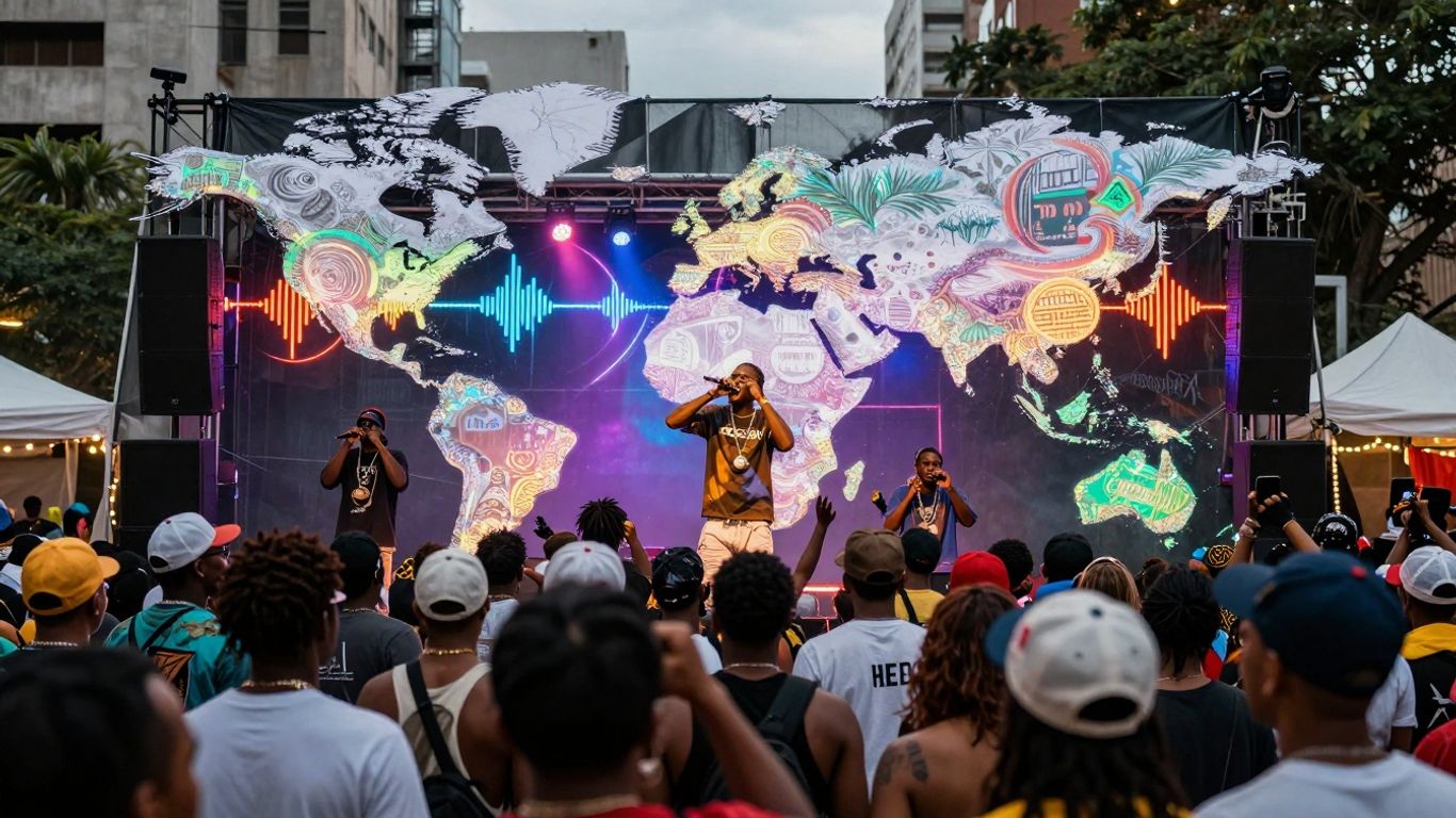 Southern trap music's global influence visualized through urban scenes and diverse crowds.