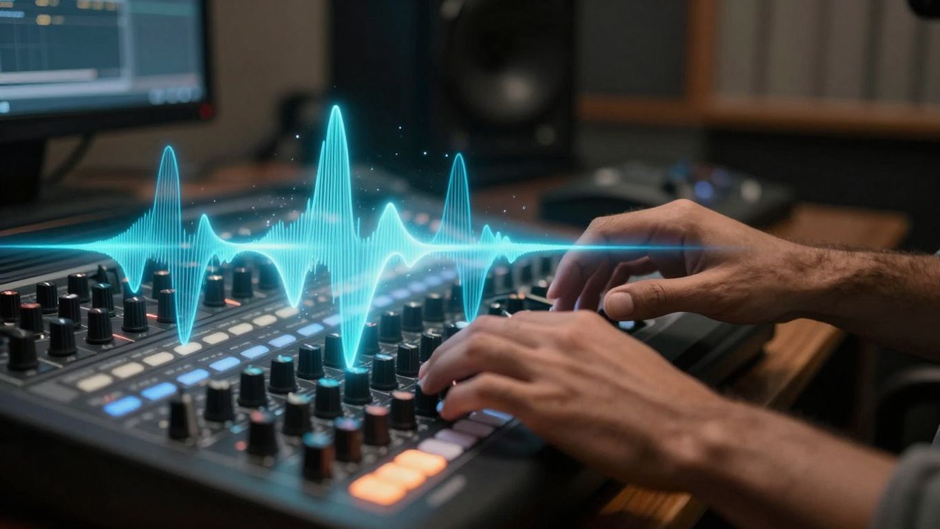 Hands creating music on a beat production controller.