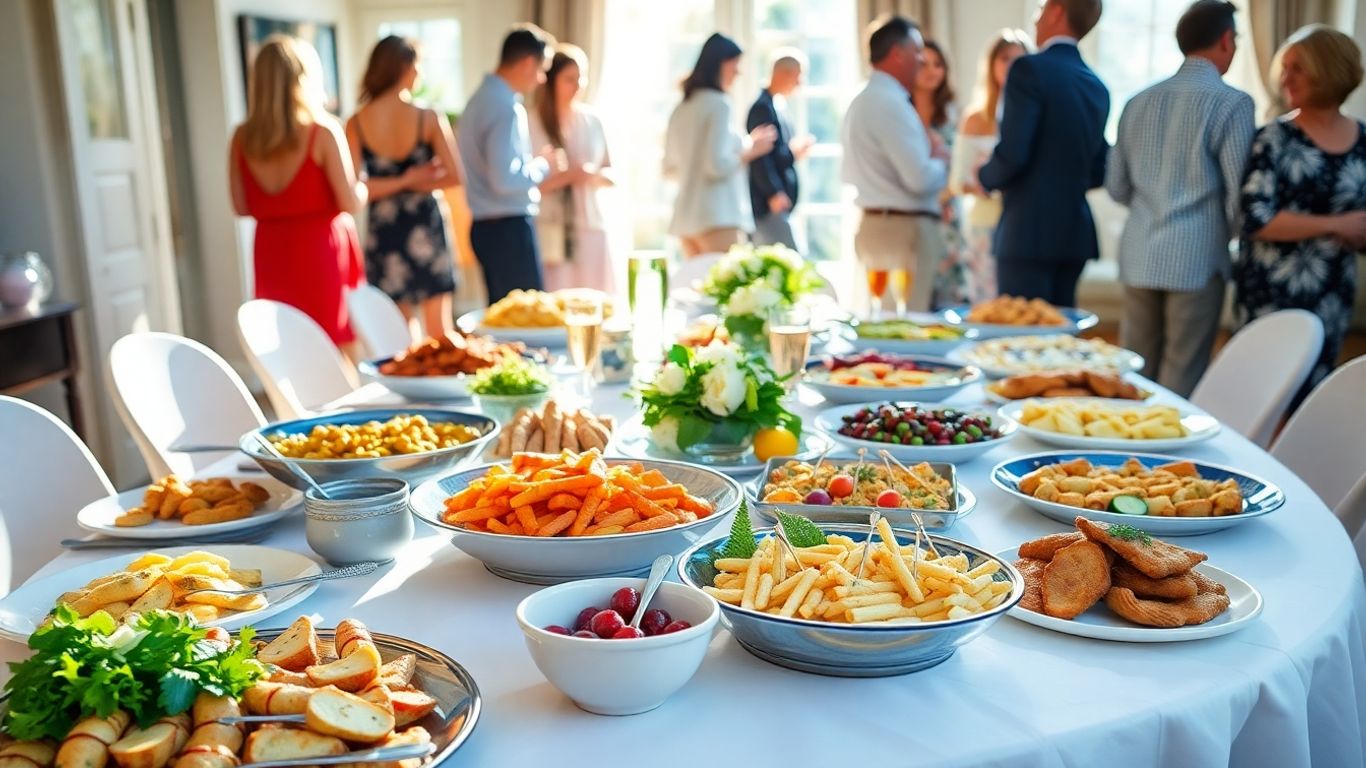 Catered food spread on a table at a home party.