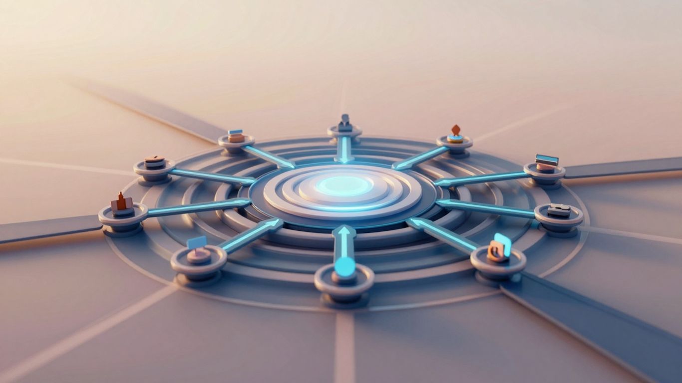 Digital pathways leading to a central hub, illustrating customer loyalty.