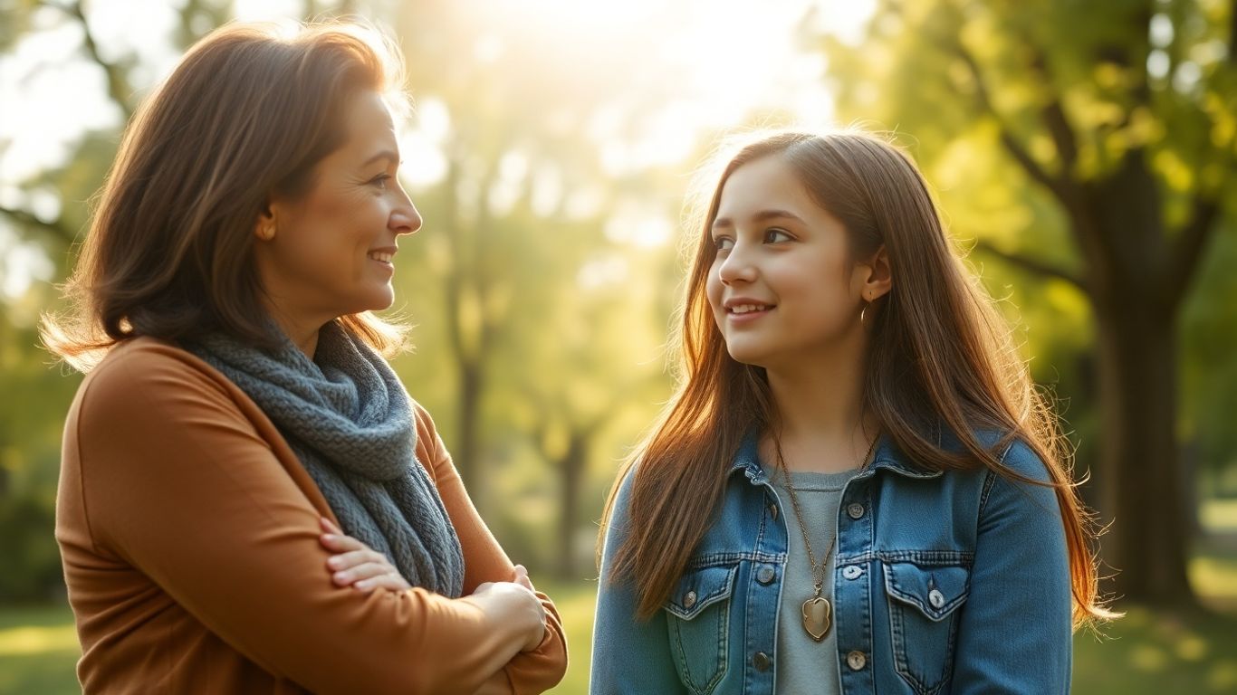 Mother and daughter talking supportively outdoors.