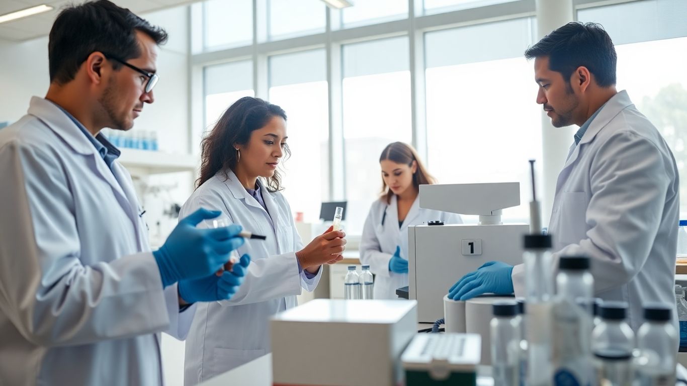 Cercetători medicali în laborator modern lucrând la proiecte clinice