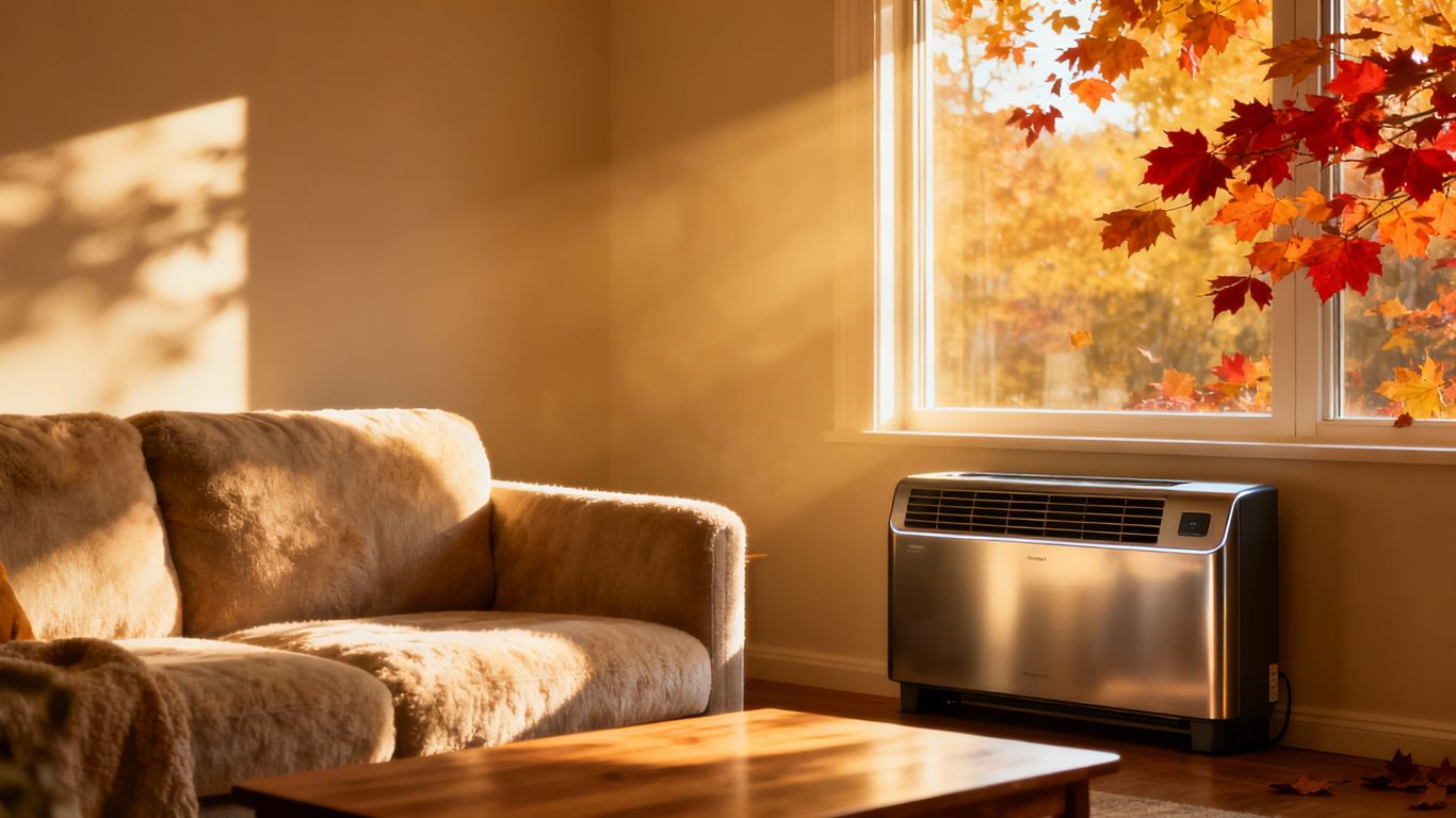 Cozy living room with new HVAC unit in fall.