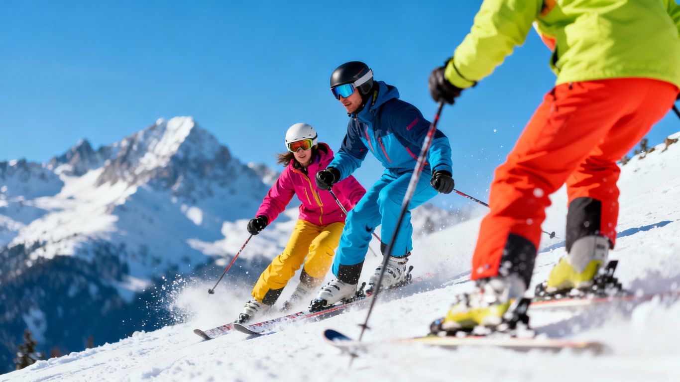 Stylish skiers on a snowy mountain slope.