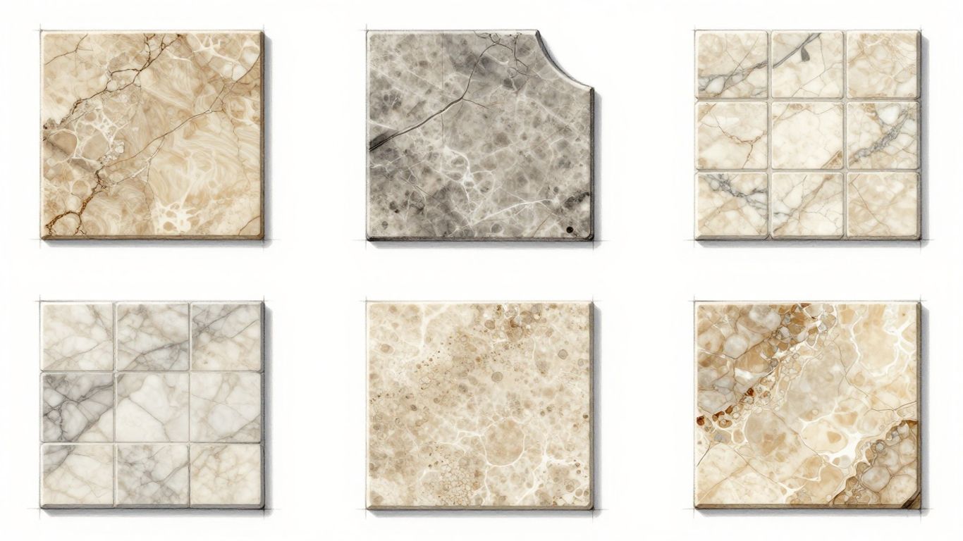 Marble and travertine tile samples with detailed textures.