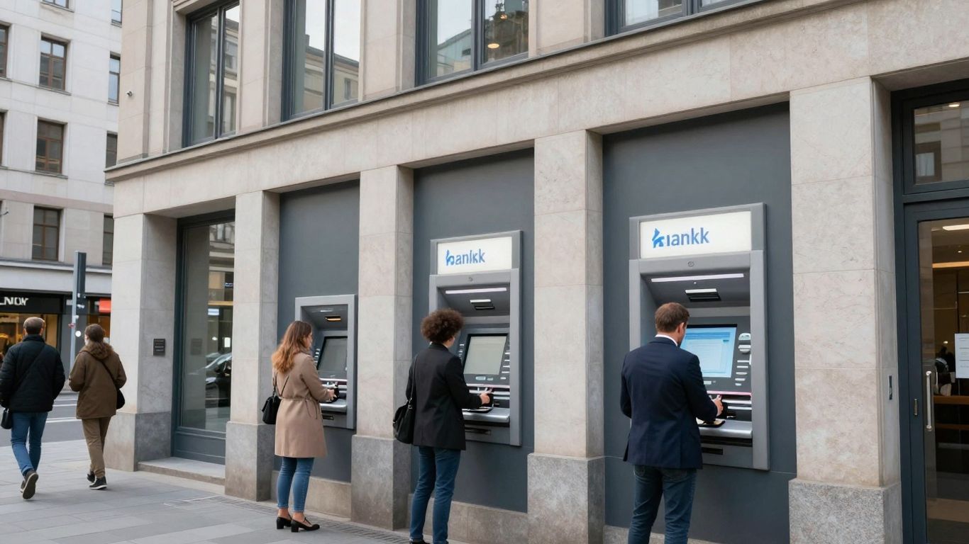 German cityscape with people using banking services.