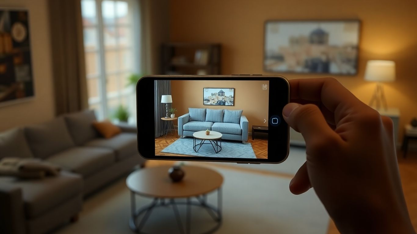 Augmented reality sofa visualization on a smartphone screen.