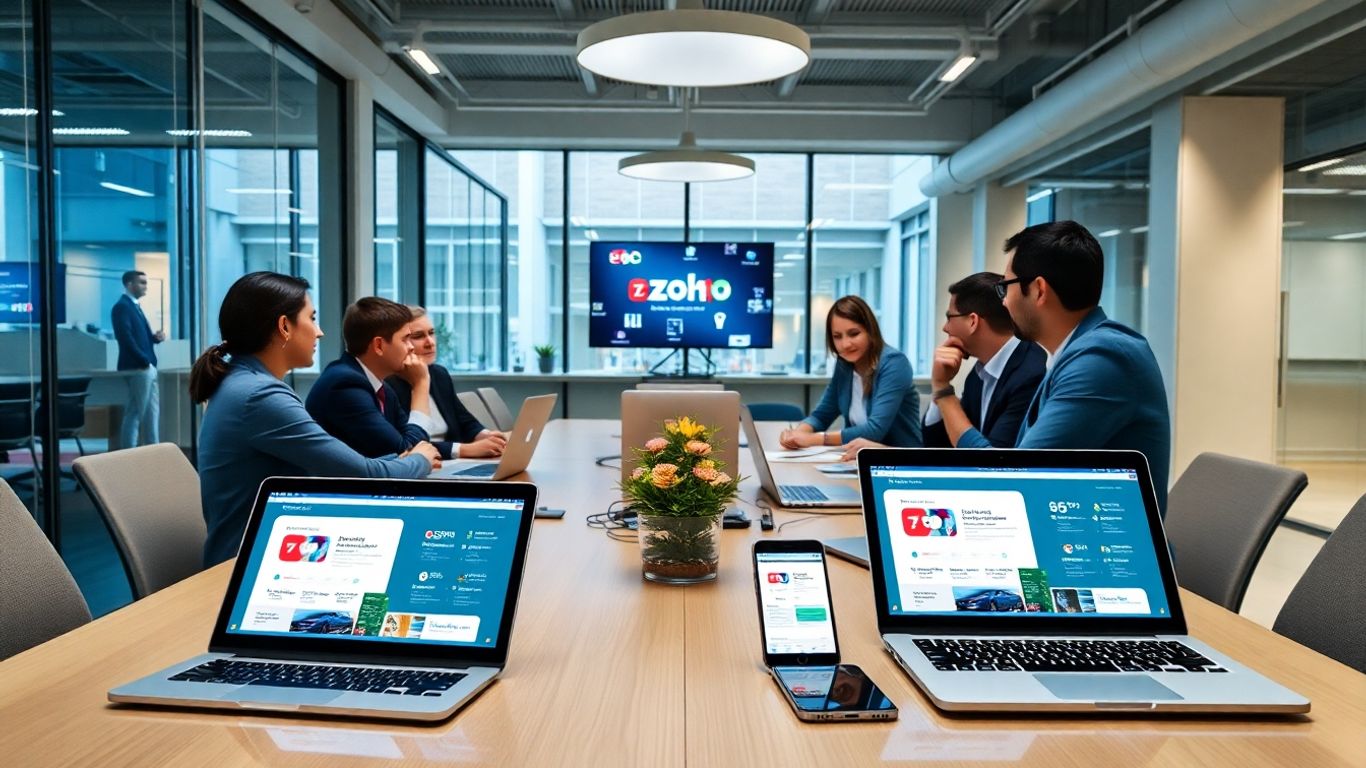 Professionals using Zoho software in a modern office setting.