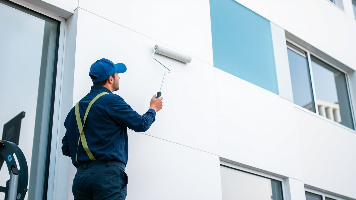 Professional painter working on building exterior