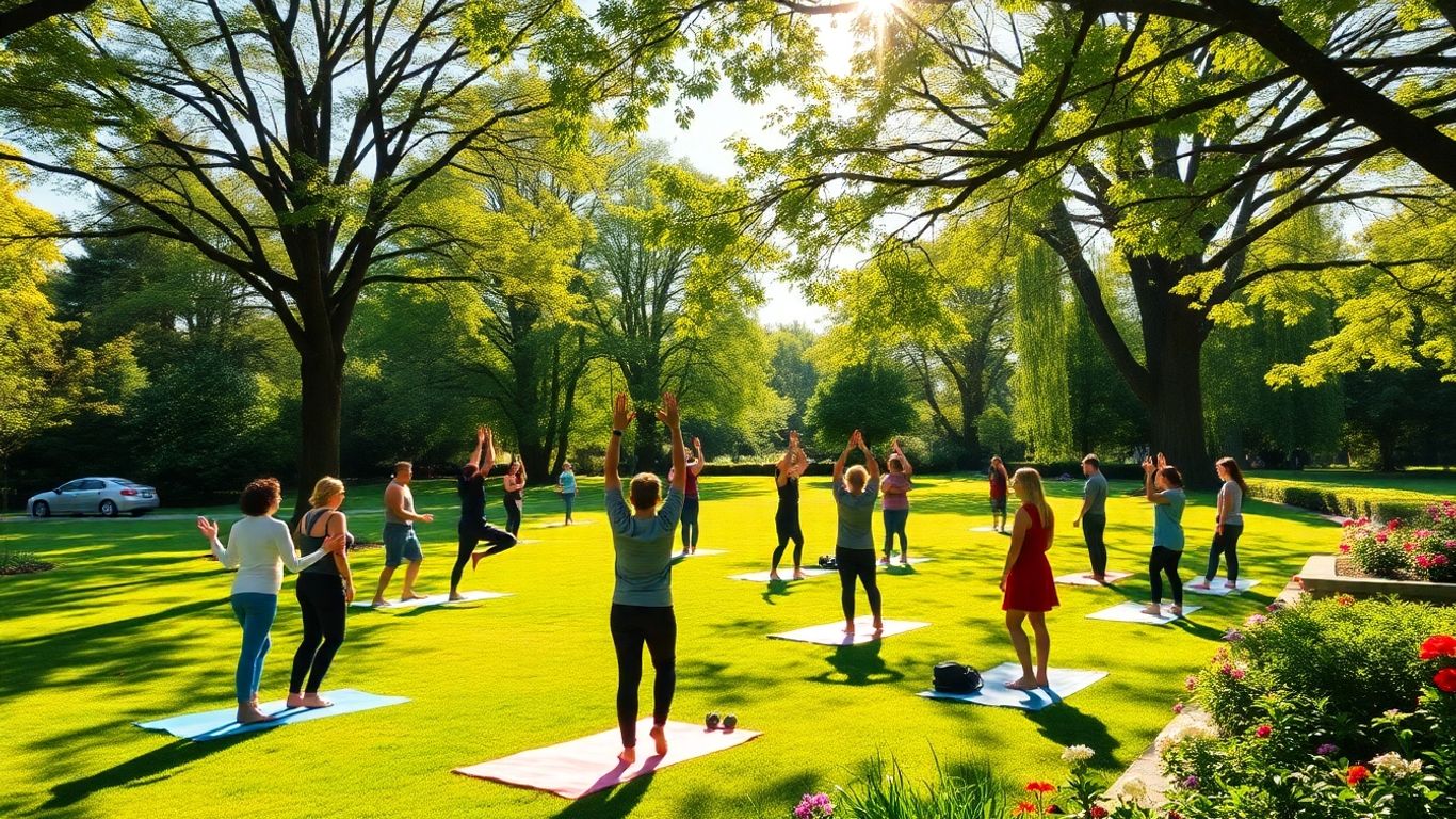 People enjoying wellness activities in a sunny Richmond park.