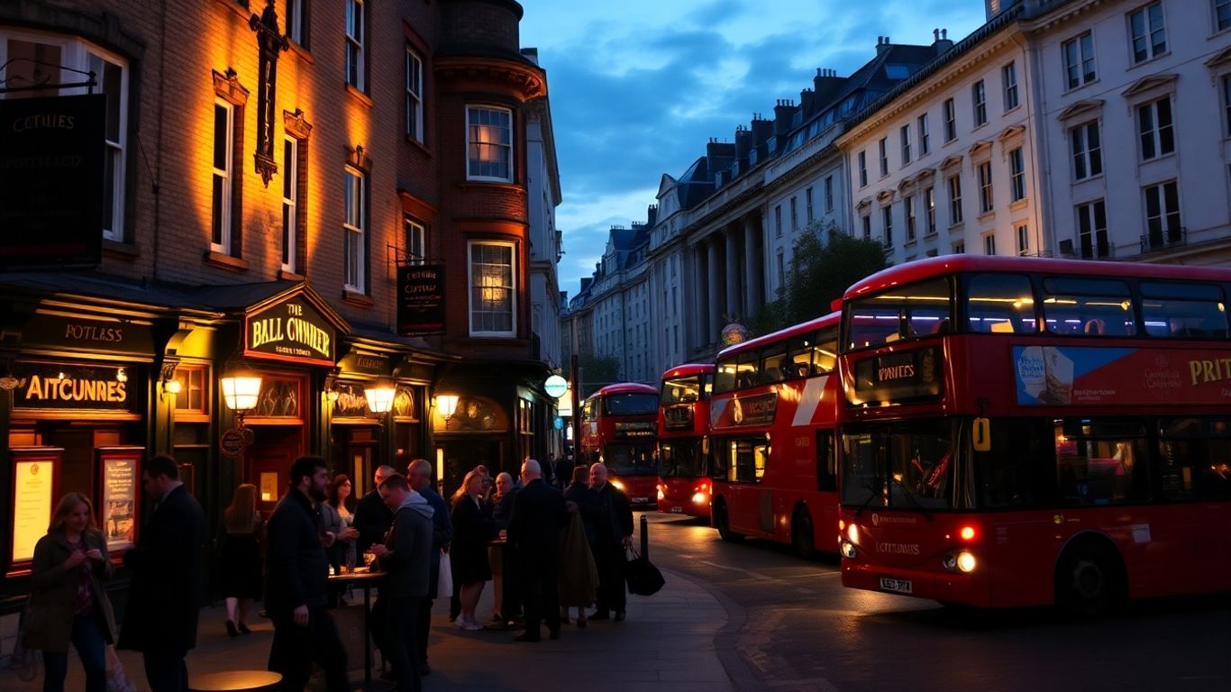 London street with historic pubs and lively nightlife