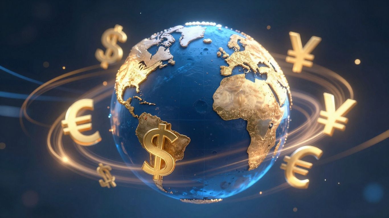 Monede globale dominând planeta, simboluri financiare.