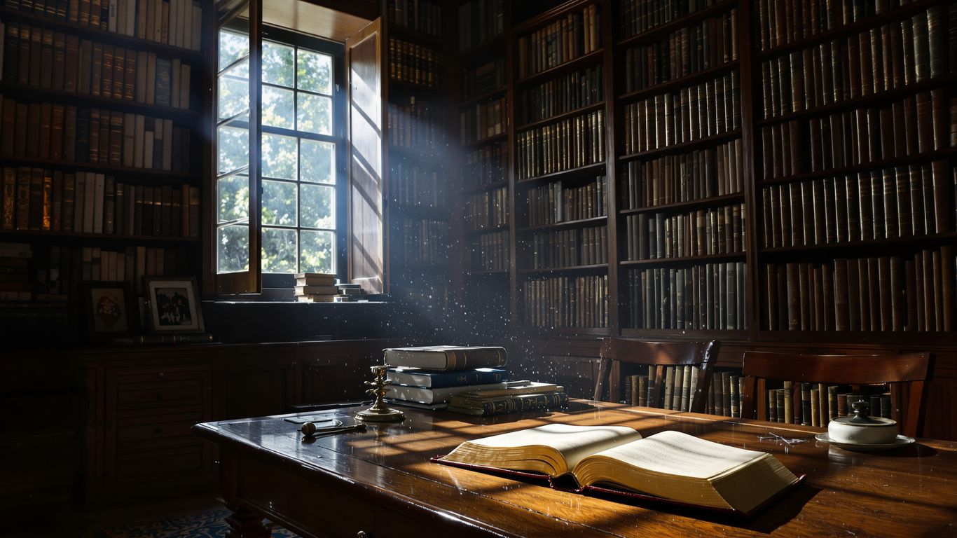 Antique books on shelves in a sunlit study.