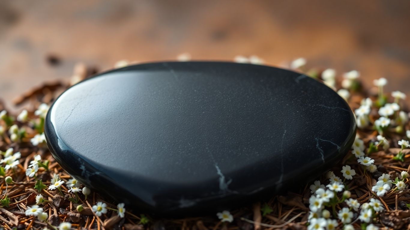 Polished black onyx stone with herbs and flowers.