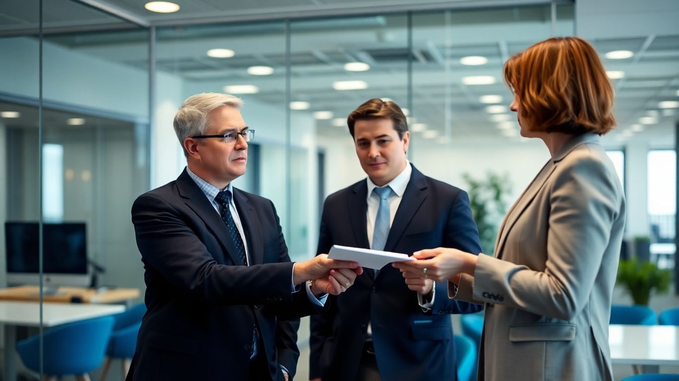 Zwei Geschäftsleute besprechen einen Vertrag im Büro.
