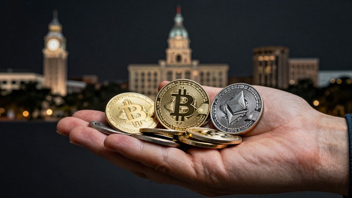 Hand holding cryptocurrency coins with San Antonio skyline.