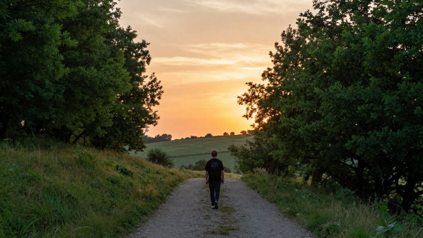 Peisaj senin cu o persoană pe un drum la apus.