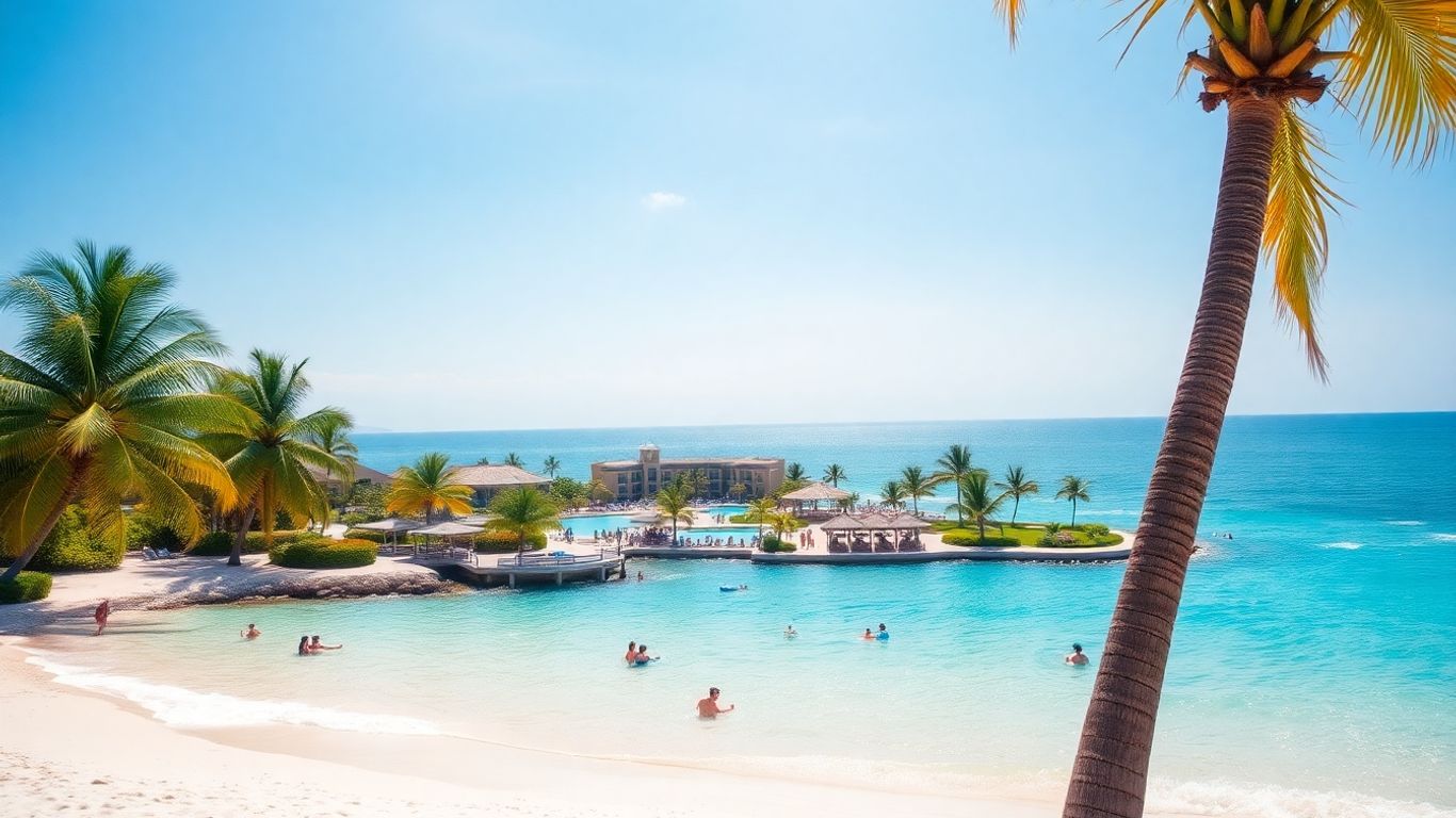 All-inclusive beach resort with palm trees and clear water.