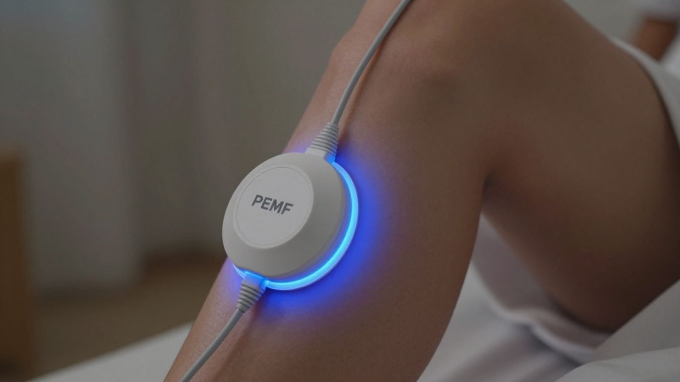 PEMF therapy device on a person's leg with blue light.