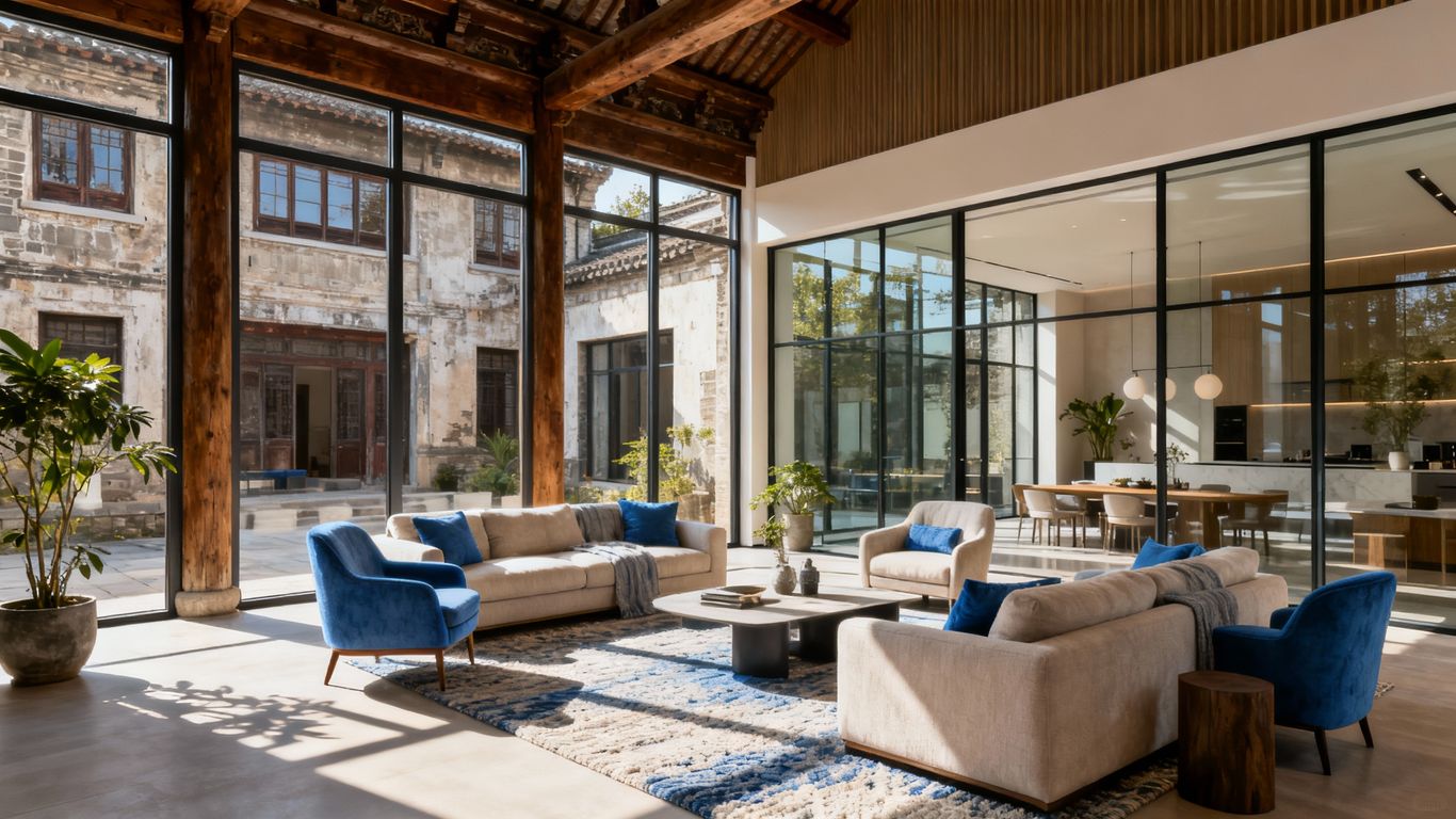 Modern living room addition seamlessly integrated with existing home.