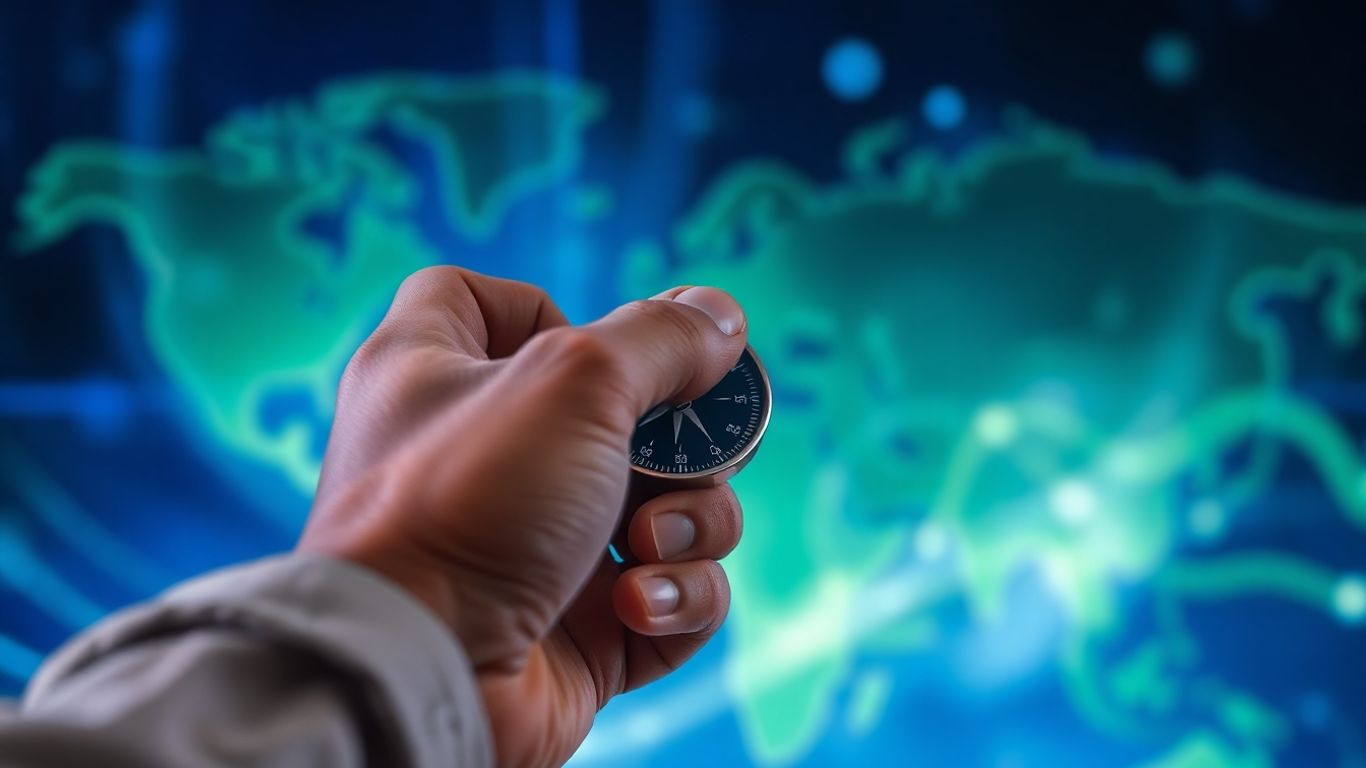 Forex strategy compass pointing to global currency exchange.