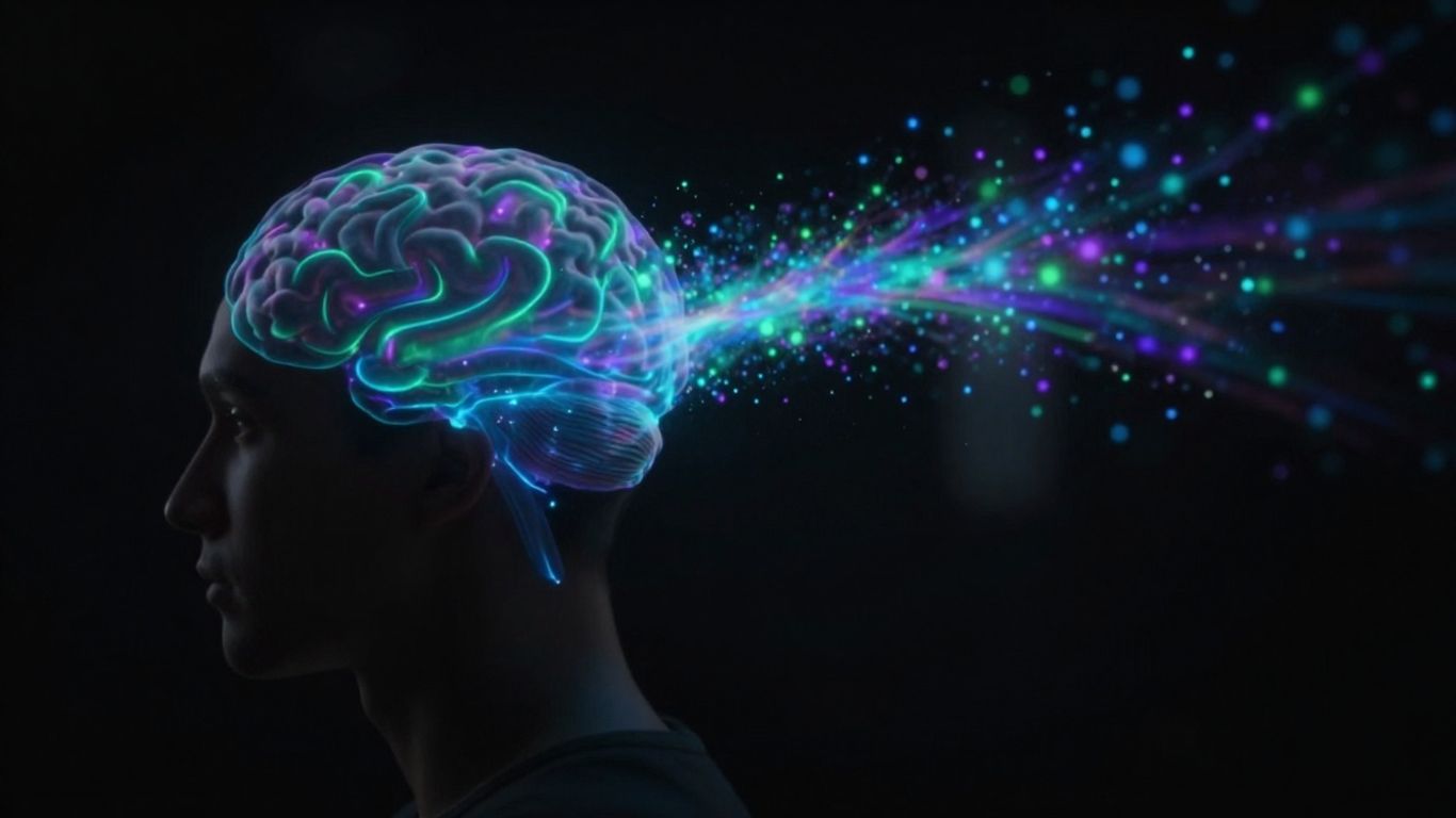 Brain receiving a stream of colorful dopamine particles.