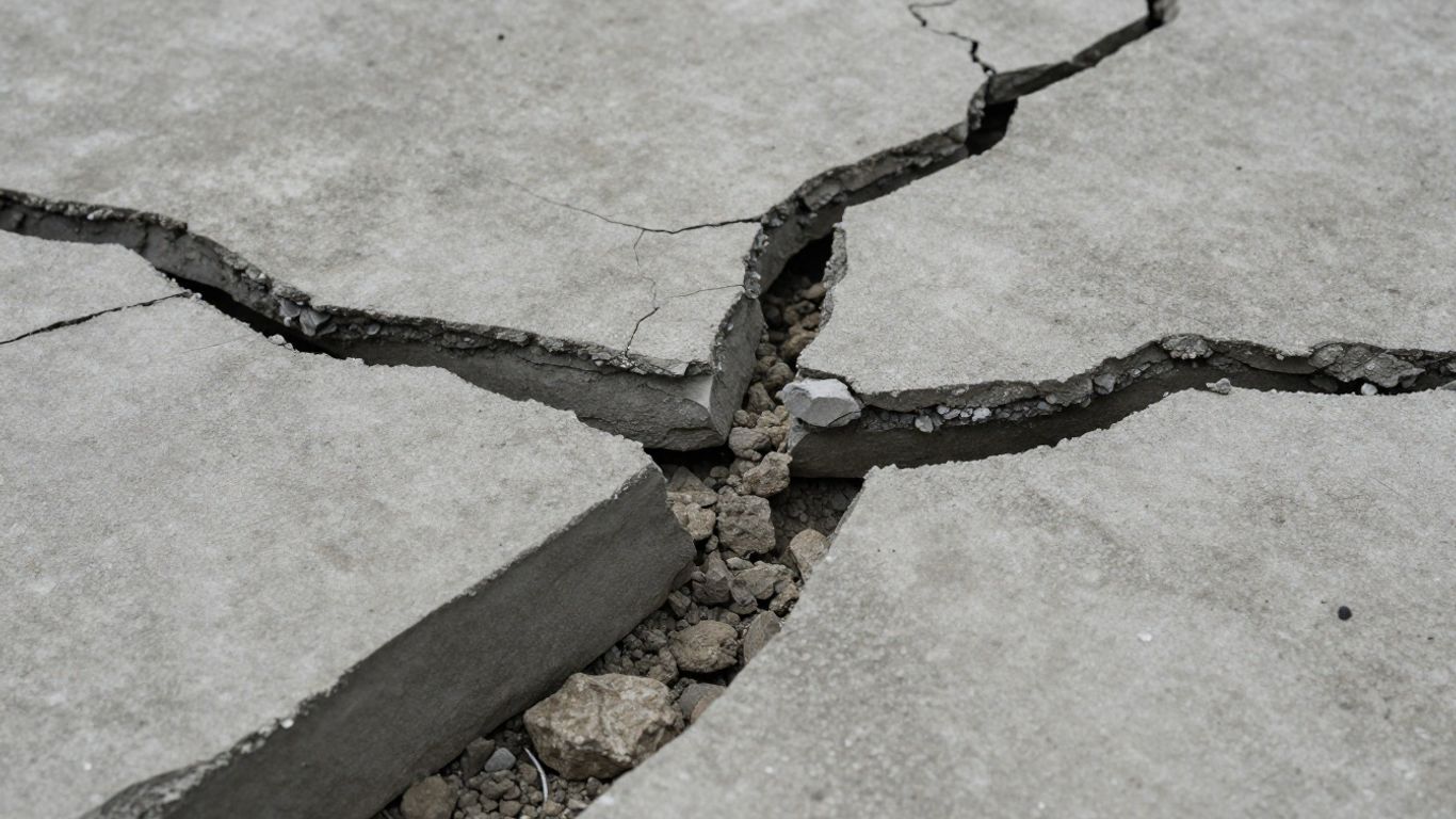 Cracked concrete slab foundation with rocky soil visible.
