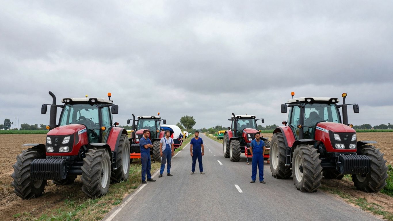 Tracteurs bloquant une route, agriculteurs présents.